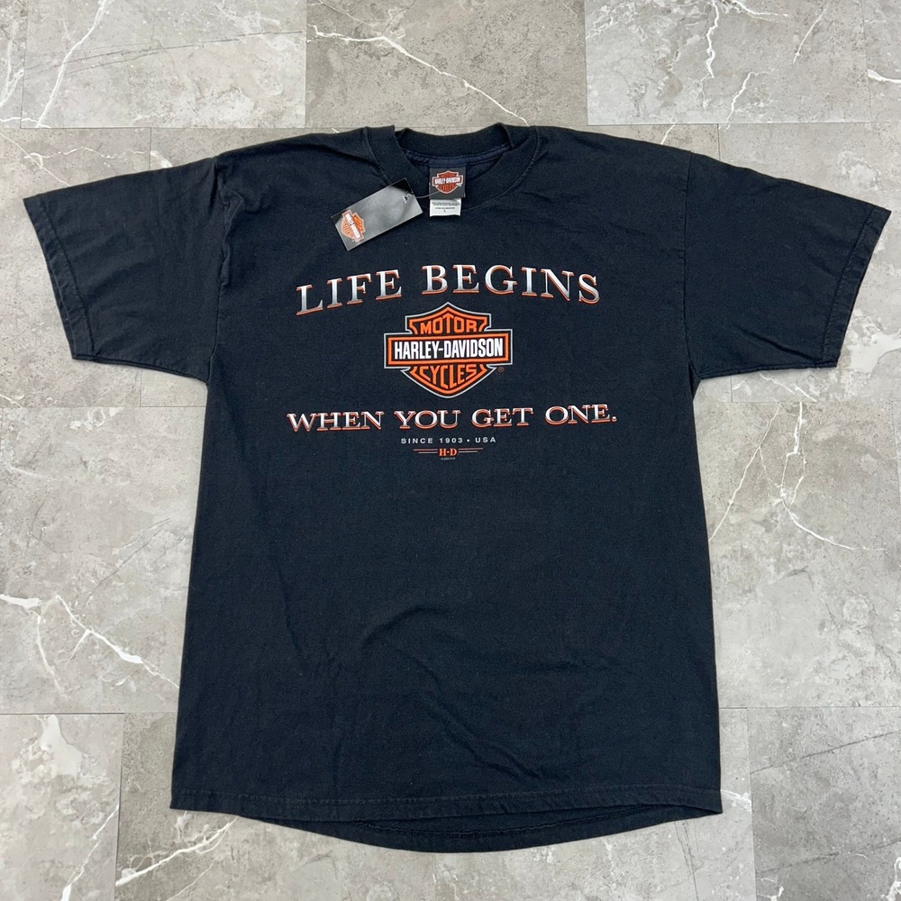 Vintage Harley Davidson Graphic Tee Mens Large Deadstock Life Begins Shirt Black